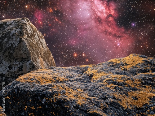 A large rock covered in yellow lichen under a starry sky. photo