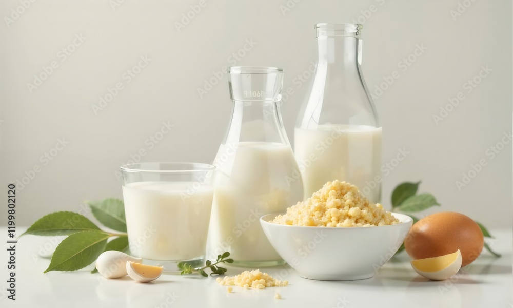 Milk, eggs, and grains on white background; healthy breakfast ingredients. Milk, eggs, and grains on white background; healthy breakfast ingredients.