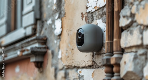 gray smart home security camera mounted on the wall of an old building