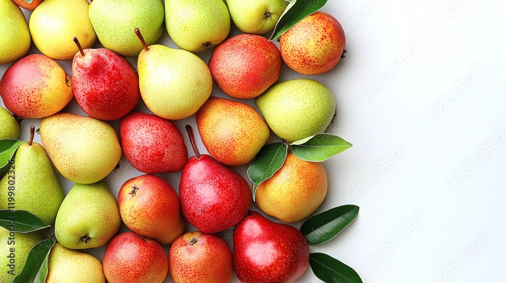 Isolated of a group of mixed pears including green yellow and red varieties stacked together on a white background Stock Photo with side copy space Isolated of a group of mixed pears including green yellow and red varieties stacked together on a white background Stock Photo with side copy space
