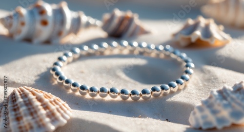 Sterling Silver Beaded Bracelet on Sand with Seashells. photo