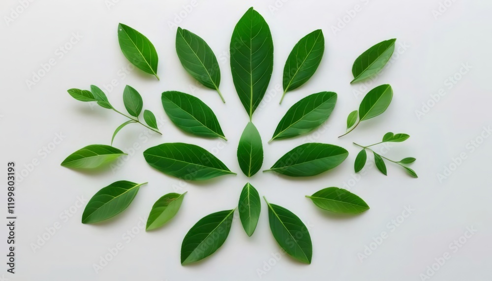 Green leaves arranged in a floral pattern on white background; nature, ecology concept. Green leaves arranged in a floral pattern on white background; nature, ecology concept.