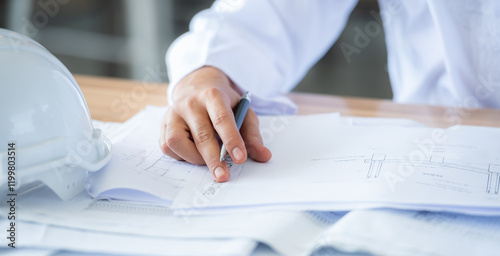 An architect wearing a hard hat reviews blueprints.