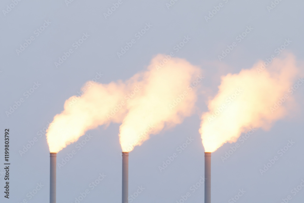 Three tall smoke stacks are spewing out thick, yellow smoke Three tall smoke stacks are spewing out thick, yellow smoke