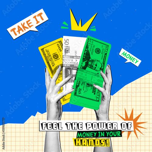 Hands holding colorful paper money in a creative collage illustrating the concept of financial empowerment and wealth, featuring cut-out elements against a vibrant blue background.