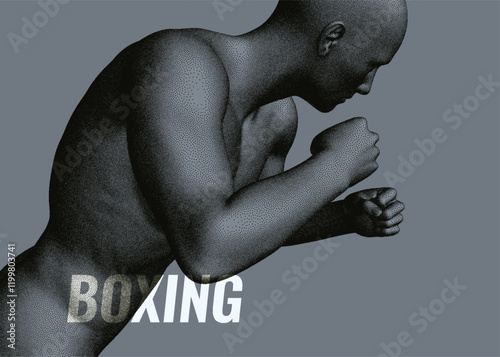 Boxer standing in pose and ready to fight. Sport symbol. Concept of will win or power of spirit. Model of an athlete with stipple effect. 3D vector for advertising, marketing or presentation.