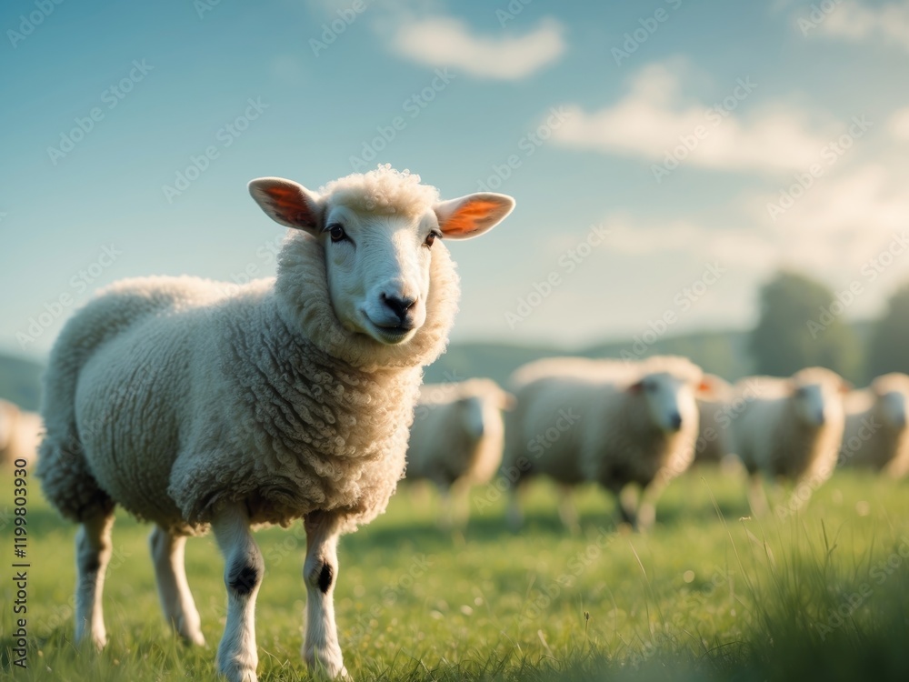 Curious sheep in pastoral meadow with herd in background. Curious sheep in pastoral meadow with herd in background.