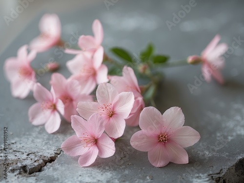Fresh pink flowers arranged on a rustic grey surface for a simple decoration. photo