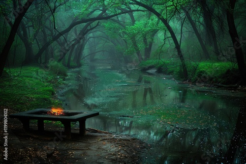 A bench is sitting by a river with a fire burning on it photo