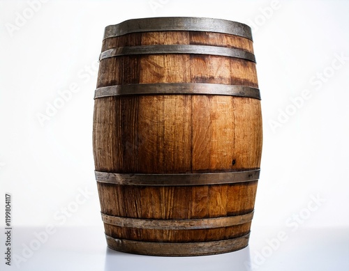 weathered wooden barrel standing upright against a white background