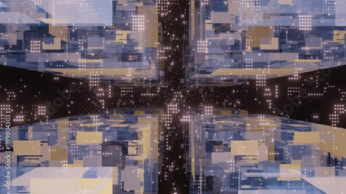 Abstract geometric tunnel made of flying neon glowing cubes. Flight through futuristic sci-fi corridor with moving cubes and dots. Virtual reality