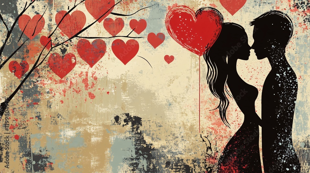 Fototapeta premium illustration showing a silhouette of couple in love with heart design on a grunge style background
