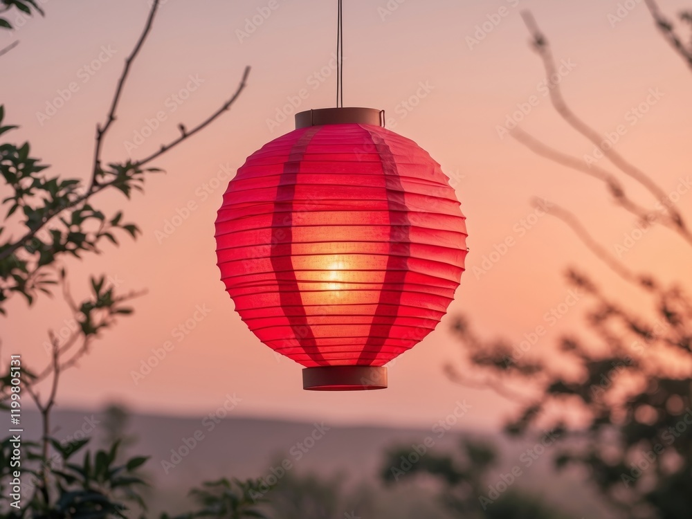 Obraz premium Vibrant Red Lantern Hanging in Scenic Outdoor Setting at Dusk.