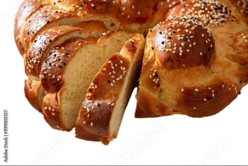 Easter greek tsoureki braid, round sweet bread brioche isolated on white transparent