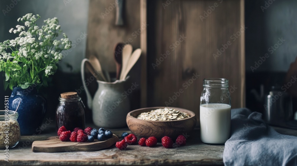 A rustic kitchen counter with ingredients for overnight oats, including fresh berries and almond milk