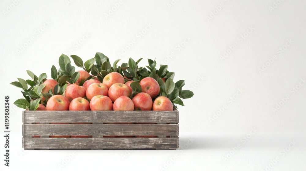 Isolated of fresh apples in a wooden crate arranged neatly on a seamless white background Stock Photo with side copy space Isolated of fresh apples in a wooden crate arranged neatly on a seamless white background Stock Photo with side copy space