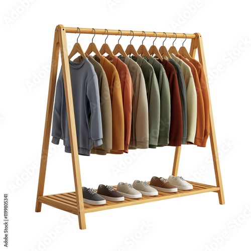Modern Clothing Rack with Various Sweaters Displayed Isolated on transparent background