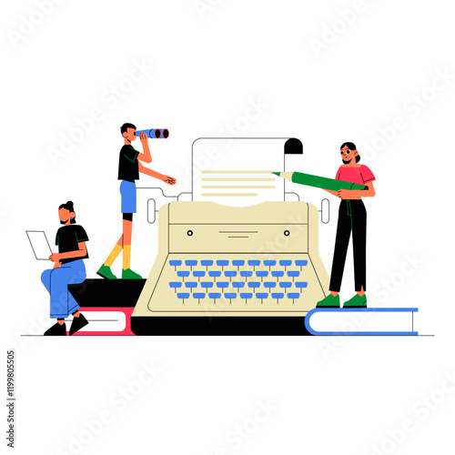 Group Writing Around Typewriter In Flat Vector Illustration Symbolizing Collaboration, Creativity, And Storytelling, Isolated On White Background.