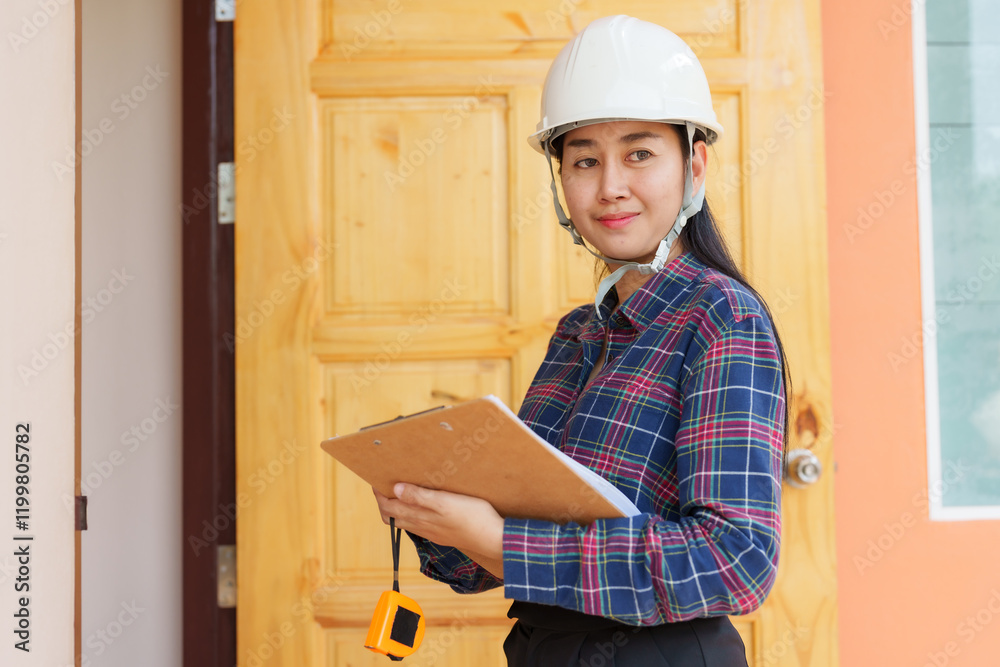 Asian home inspector smiling confidently while holding clipboard, standing outside a newly constructed house, symbolizing professionalism, expertise, and customer satisfaction in real estate. Asian home inspector smiling confidently while holding clipboard, standing outside a newly constructed house, symbolizing professionalism, expertise, and customer satisfaction in real estate.