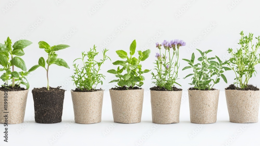Eco-Friendly Biodegradable Initiatives Concept. Potted herbs in various stages of growth arranged neatly on a white background. Eco-Friendly Biodegradable Initiatives Concept. Potted herbs in various stages of growth arranged neatly on a white background.