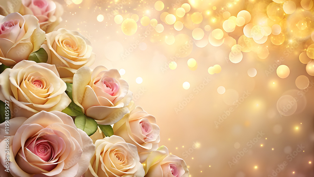 Cream-Yellow Background with Pink Roses and Golden Light Spots. Perfect for: Weddings, Valentine's Day, anniversaries Cream-Yellow Background with Pink Roses and Golden Light Spots. Perfect for: Weddings, Valentine's Day, anniversaries