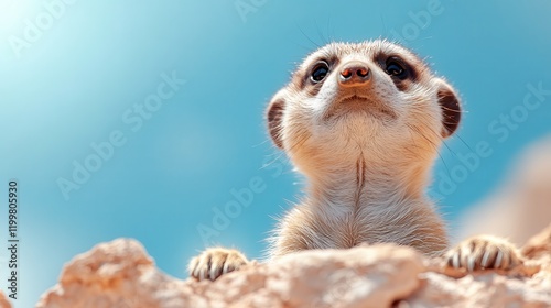 An alert meerkat stands vigilant atop a rocky mound, exemplifying keen observation skills and embodying community guardianship under a crisp blue sky. photo