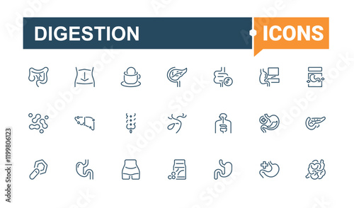 Digestion icons set. Icons intestine, nausea, digestion, bladder, man, stomach and more. Collection for mobile and web apps. Editable stroke. Vector illustration.