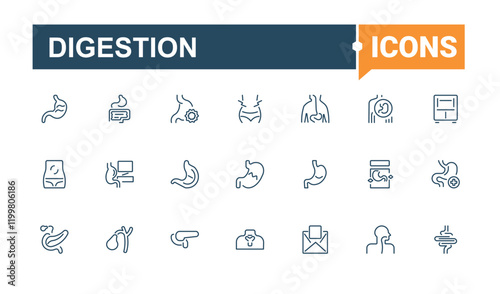 Digestion icons set. Icons intestine, nausea, digestion, bladder, man, stomach and more. Collection for mobile and web apps. Editable stroke. Vector illustration.