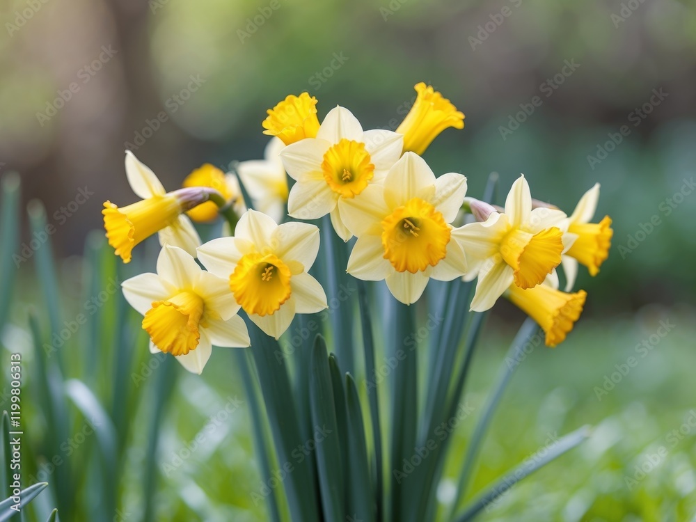 Bright and Cheerful Yellow Daffodils in a Lush Green Garden Setting. Bright and Cheerful Yellow Daffodils in a Lush Green Garden Setting.