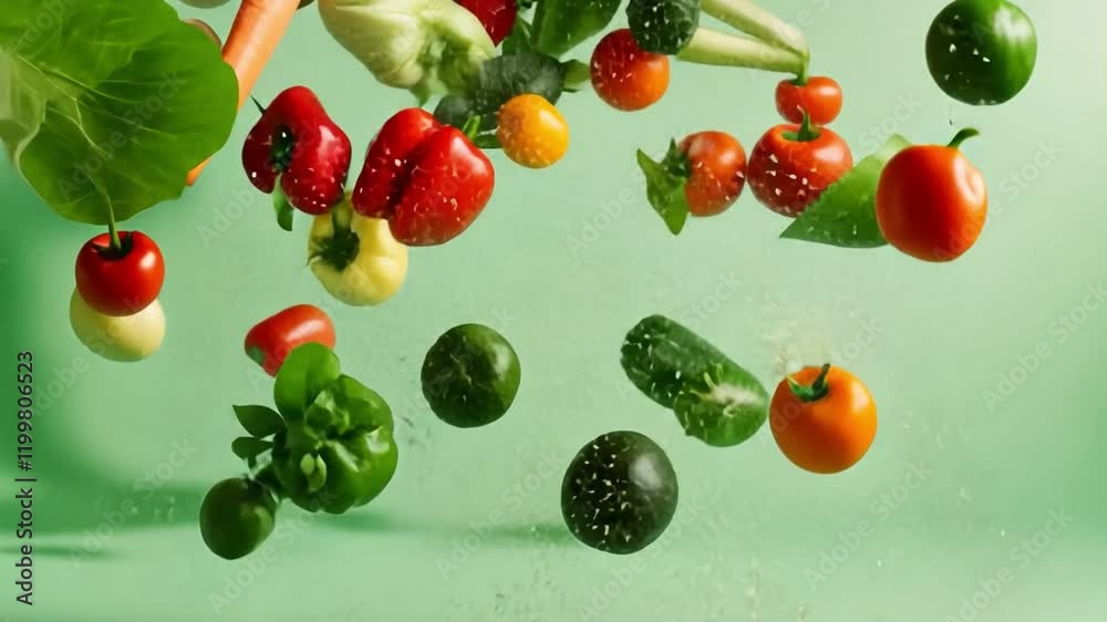Big set falling vegetables and fruits on green screen