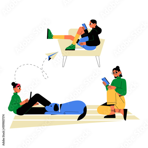 People Relaxing Indoors Using Gadgets And A Dog In Flat Vector Illustration Symbolizing Leisure, Technology, And Modern Lifestyle, Isolated On White Background.