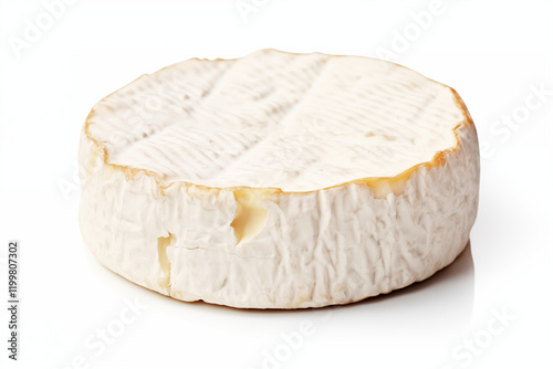 A image of a whole wheel of Camembert or Brie cheese isolated on a clean white background