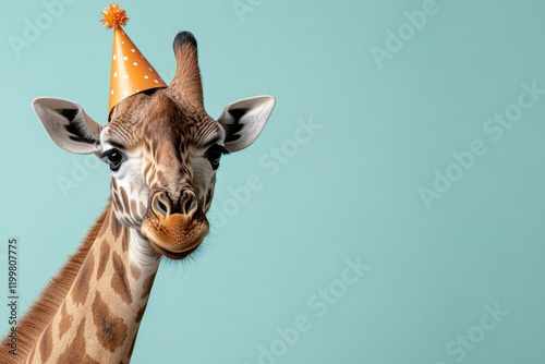 Giraffe wearing a party hat in a playful setting with a light blue background photo