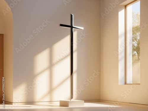 Sunlight illuminating cross in modern church interior photo