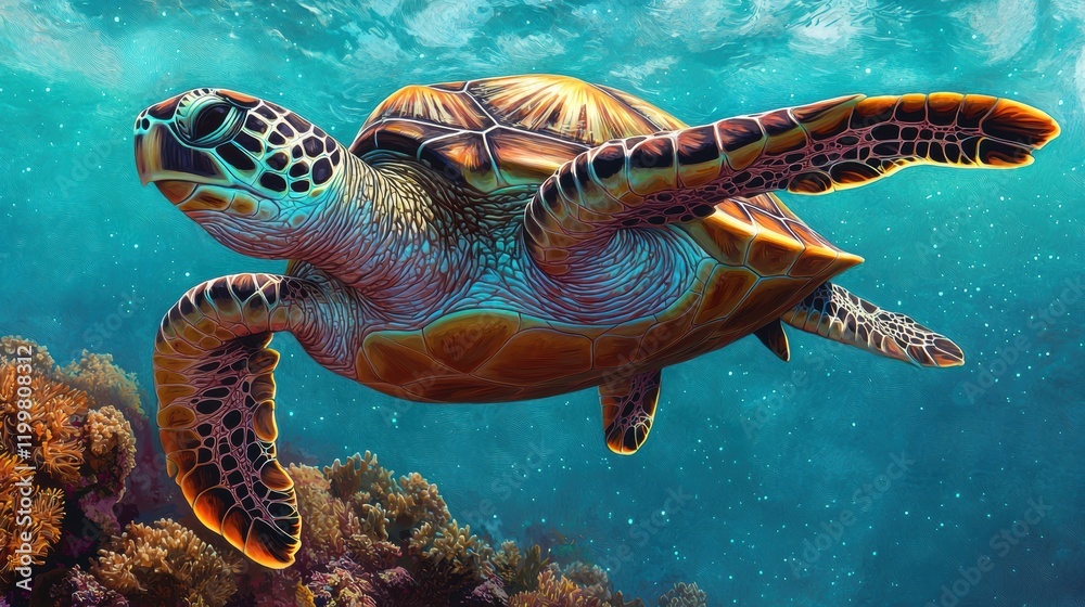 Fototapeta premium Majestic Sea Turtle Swimming Gracefully Through Vibrant Coral Reef
