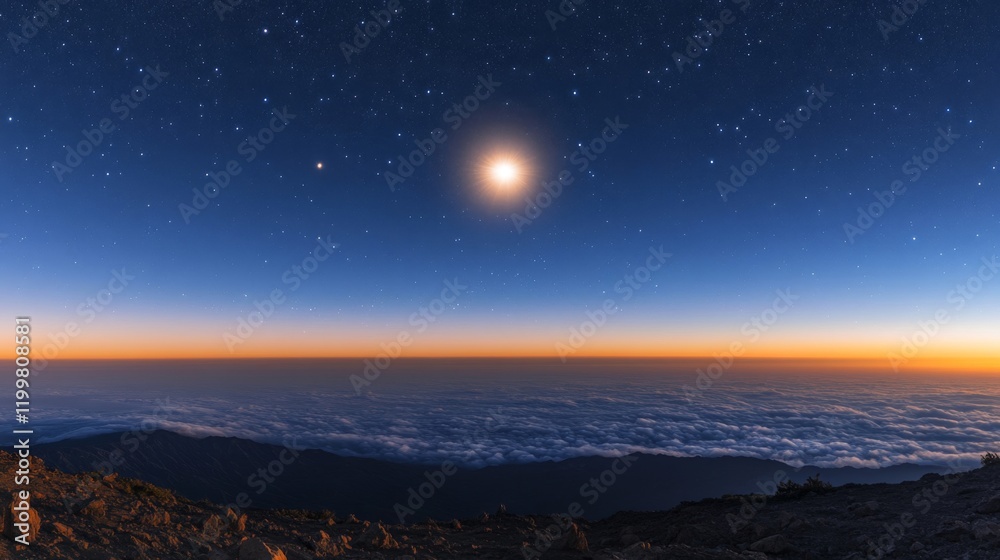 Obraz premium Mountaintop Sunrise Celestial View Above Cloudscape