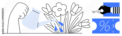 Wallpaper Mural Hand pours water on blooming flowers, while another hand holds a key above a ticket with a percentage sign. Ideal for growth, nurturing, security, savings, gardening, investment, opportunity Torontodigital.ca