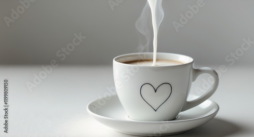A white coffee cup with a heart drawn on it is being poured with milk photo