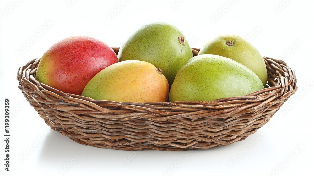 Isolated of fresh mangoes neatly arranged in a wicker basket creating a natural look on a white background Stock Photo with side copy space Isolated of fresh mangoes neatly arranged in a wicker basket creating a natural look on a white background Stock Photo with side copy space