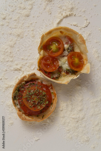 Cesta de massa com doces e salgados como queijo, tomate, chocolate