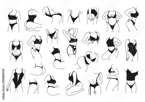 Beautiful minimal linear set of female silhouettes in lingerie. Simple women figure in underwear. Abstract sensual concept. Outline design for print, poster, card, banner, cover, social media template