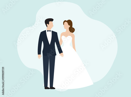 bride and groom in wedding dresse and suit. Design for greeting and invitation card. Marriage people vector illustration