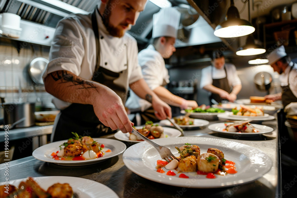 Elegant creation of gourmet culinary masterpiece in a luxurious high end restaurant kitchen generative AI Elegant creation of gourmet culinary masterpiece in a luxurious high end restaurant kitchen generative AI