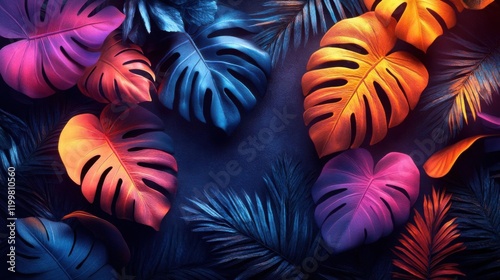 A vibrant arrangement of colorful tropical leaves with a dark background, creating a striking and modern botanical aesthetic.