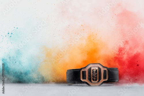 A dreamy watercolor illustration of a championship belt resting on the mat under a spotlight, surrounded by soft, vibrant hues