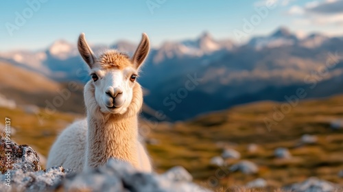 A curious llama with a fluffy face stands in the foreground of a panoramic mountain landscape, drawing attention to its serene and majestic surroundings. photo