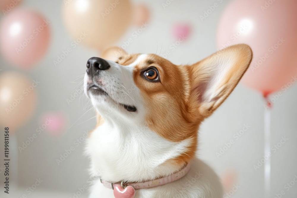 Corgi poses in front of pastel balloons at a celebration with soft lighting and festive atmosphere Corgi poses in front of pastel balloons at a celebration with soft lighting and festive atmosphere