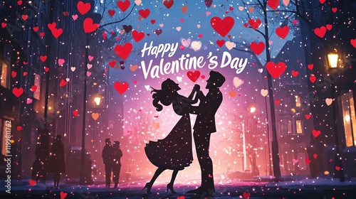 valentine's day design of a couple dancing under a shower of heart-shaped confetti