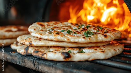 Warm naan bread, perfectly baked and topped with fresh herbs, lies enticingly against a backdrop of a crackling fire, capturing the essence of traditional baking. photo