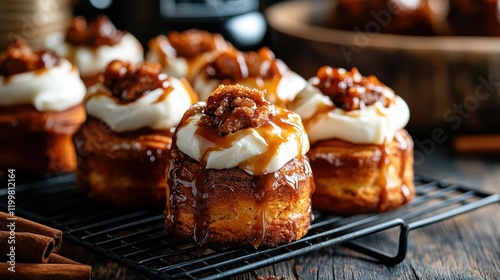 Luxurious gourmet cinnamon rolls crowned with whipped cream sit invitingly on a rack, drizzled with caramel and adorned with sugary, nutty toppings, exuding decadence. photo